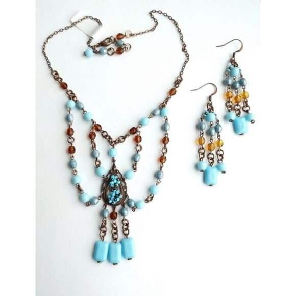 VINTAGE Czech handmade beaded  turquoise amber necklace earring set - Picture 5 of 8